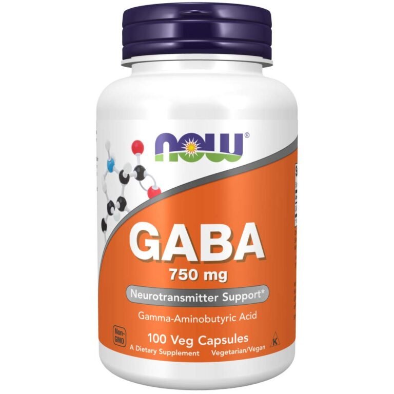 Bottle of NOW GABA 750mg capsules, neurotransmitter support, 100 vegetarian capsules