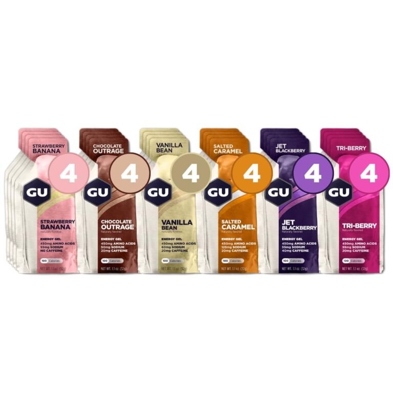 Six GU energy gel packets in various flavors, each with a "4" on top
