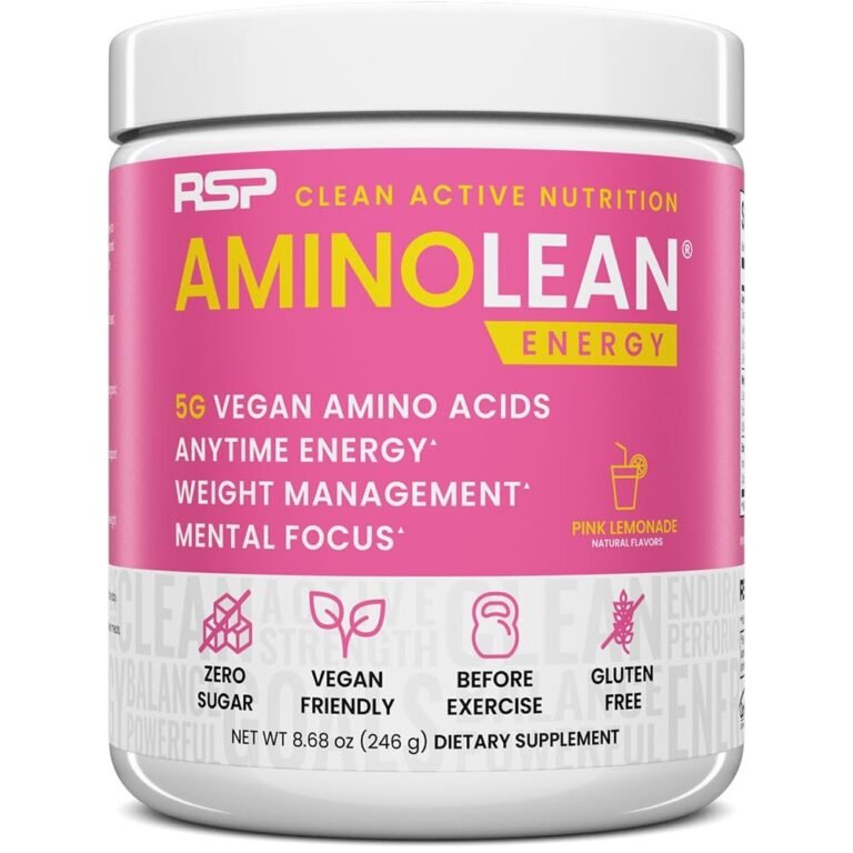 Pink Aminolean energy supplement tub with text and icons