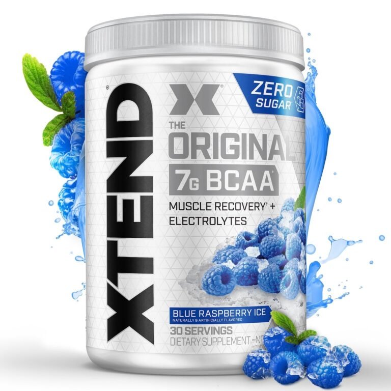 Xtend BCAA supplement tub with blue raspberries and water splash