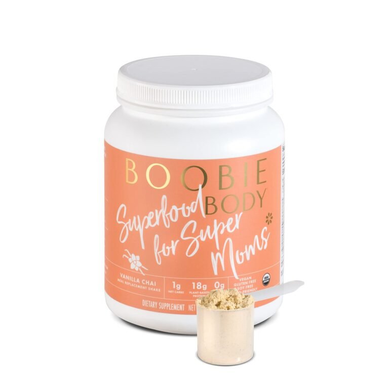 White Boobie Body superfood jar with scoop of powder, "Superfood for Super Moms"