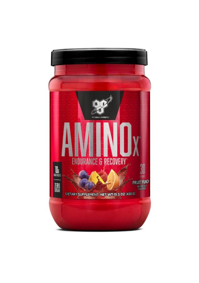 Red container of AminoX fruit punch dietary supplement with fruit imagery