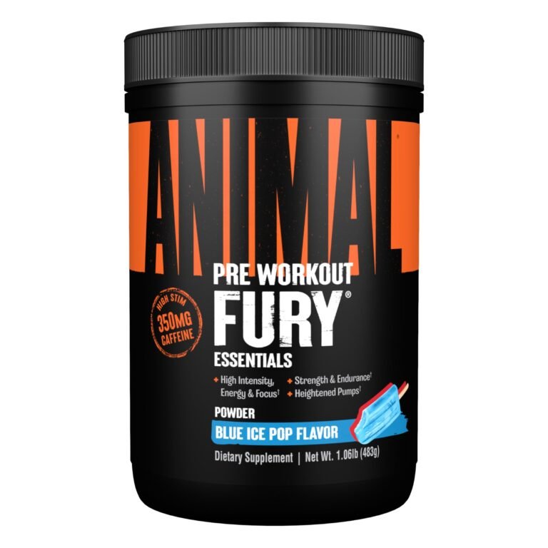 Animal Fury pre-workout powder, blue ice pop flavor, with 350mg caffeine