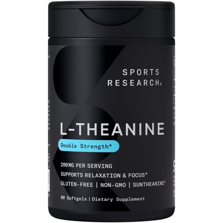 Black bottle of Sports Research L-Theanine supplements, double strength, 60 softgels