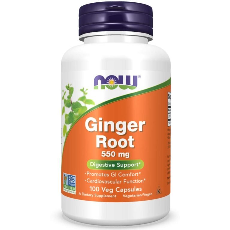 Bottle of NOW Ginger Root capsules, 550mg, for digestive support