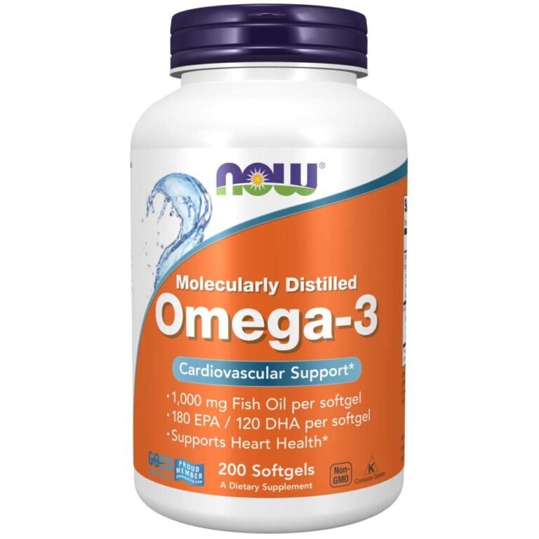 Bottle of NOW brand Omega-3 fish oil softgels, for cardiovascular support