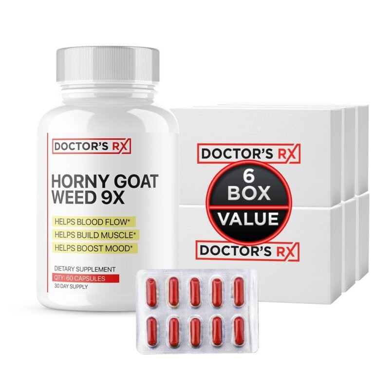 Doctor's RX Horny Goat Weed 9X supplement with multiple boxes and capsules