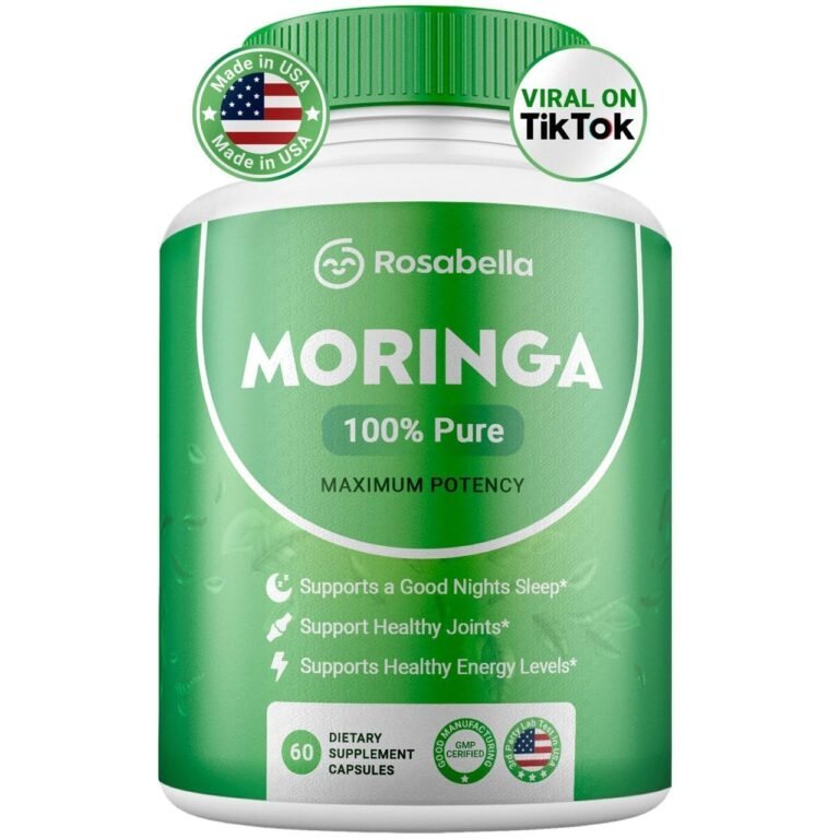 Green Rosabella Moringa supplement bottle, "Viral on TikTok", "Made in USA", 60 capsules