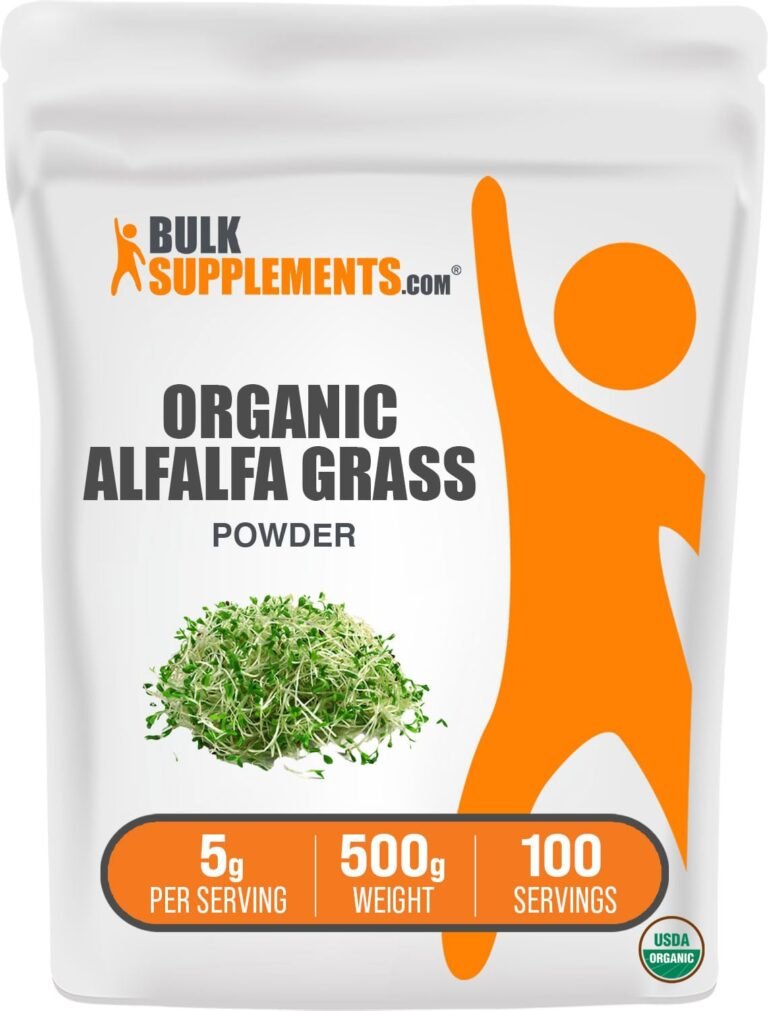 Bag of Bulk Supplements organic alfalfa grass powder, with orange accents