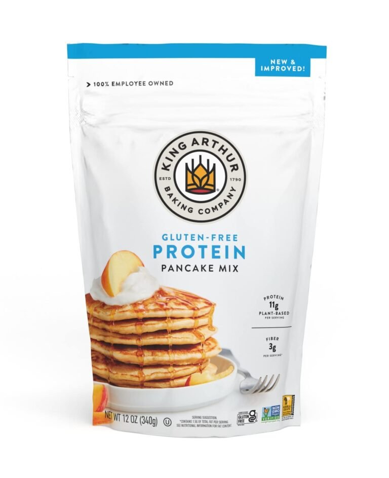 King Arthur gluten-free protein pancake mix bag with pancakes and syrup