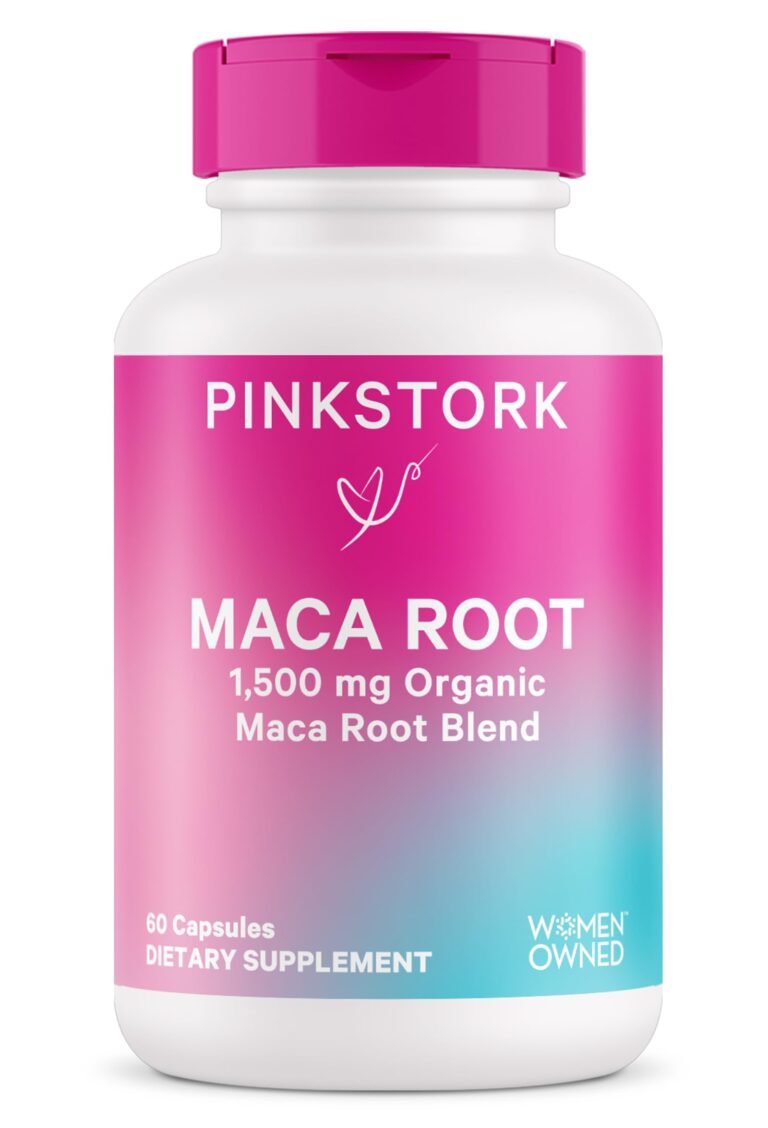 PinkStork Maca Root supplement bottle with pink and white label