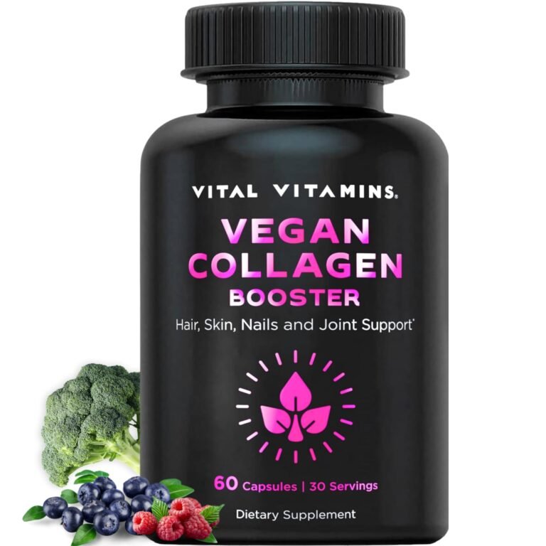 Black bottle of Vital Vitamins Vegan Collagen Booster with fruits and broccoli