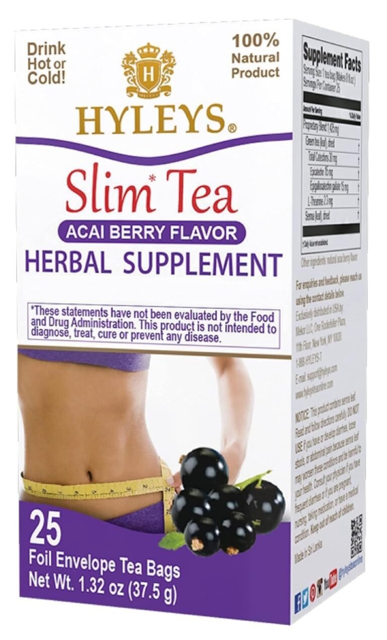Box of Hyleys Slim Tea, Acai Berry flavor, with a woman measuring her waist