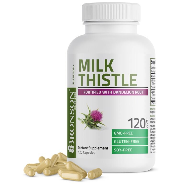 Bottle of Bronson Milk Thistle capsules, fortified with dandelion root, 120 count
