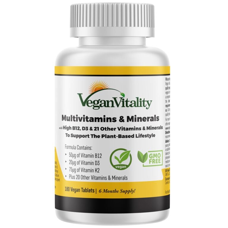 Bottle of Vegan Vitality multivitamins and minerals, supporting plant-based lifestyles