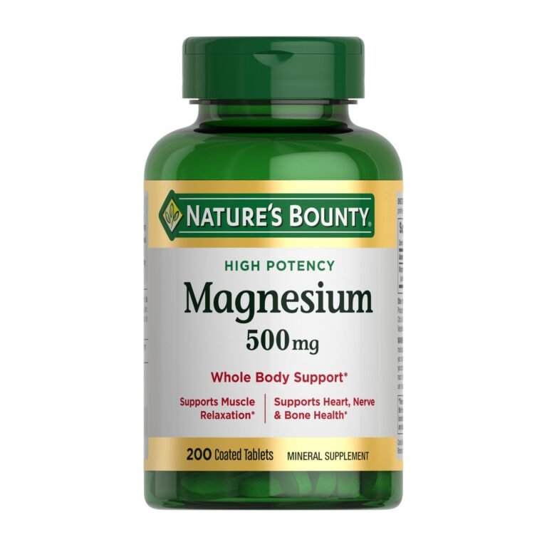 Nature's Bounty Magnesium 500mg bottle, supports muscle relaxation, heart, nerve, and bone health