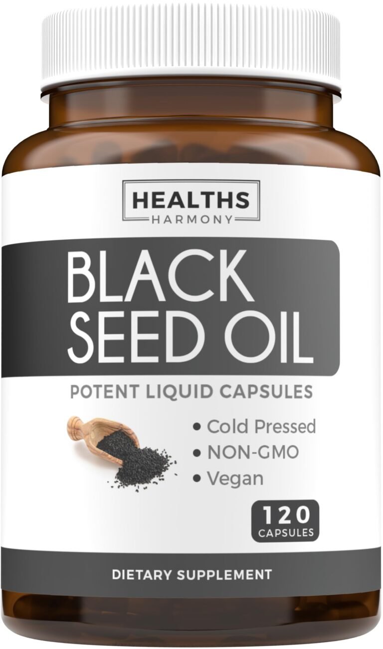 Bottle of Healths Harmony Black Seed Oil capsules, dietary supplement