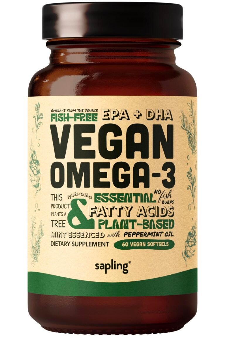 Bottle of vegan omega-3 softgels, plant-based, fish-free, with peppermint oil