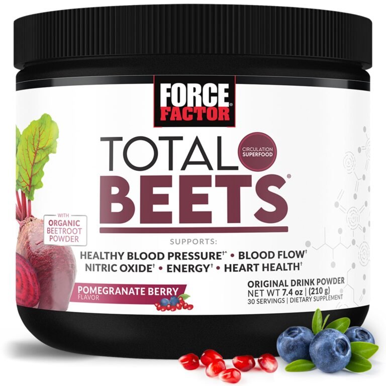 Jar of "Total Beets" powder with beetroot and pomegranate illustrations