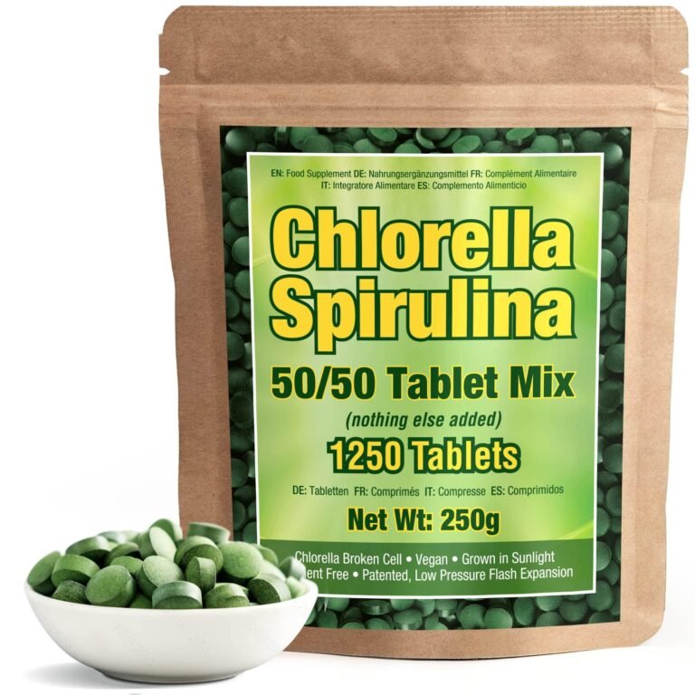 Bag of Chlorella Spirulina tablets with a bowl of tablets in front
