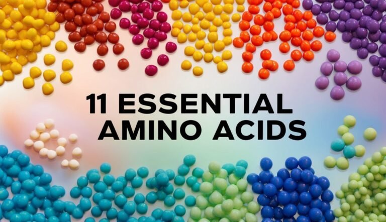 Colorful candies arranged with text "11 Essential Amino Acids" in the center