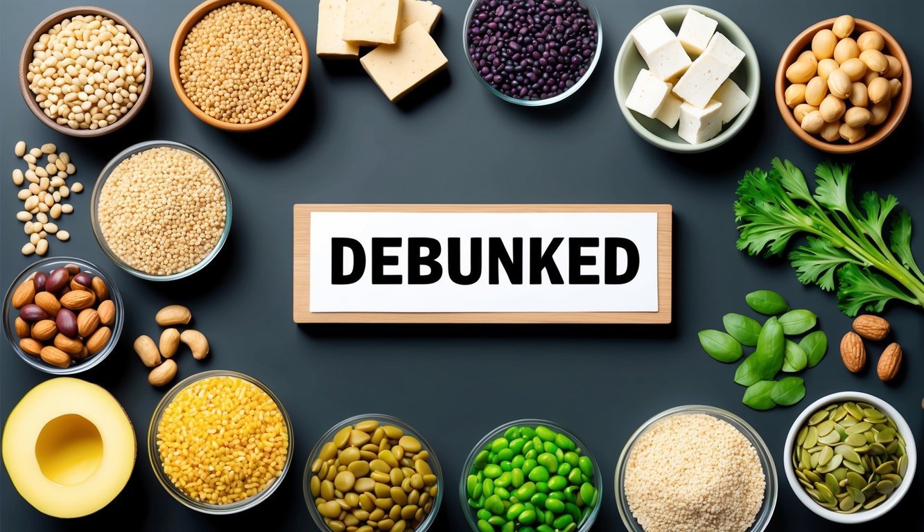 A variety of plant-based protein sources arranged in a circle, including beans, lentils, quinoa, tofu, nuts, and seeds.</p><p>A debunked sign lies in the center