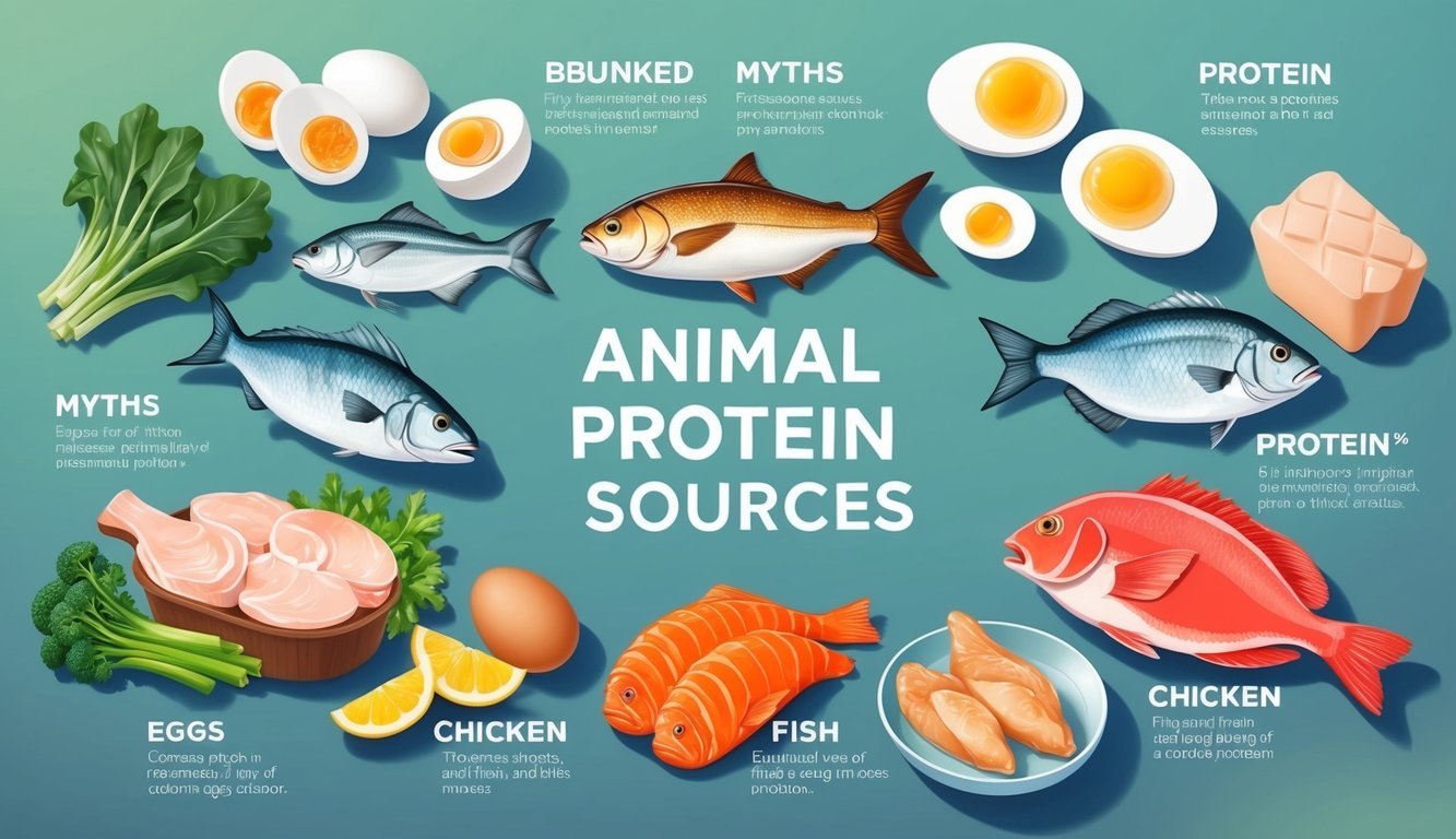 A variety of animal protein sources, such as eggs, fish, and chicken, surrounded by debunked myths about protein intake