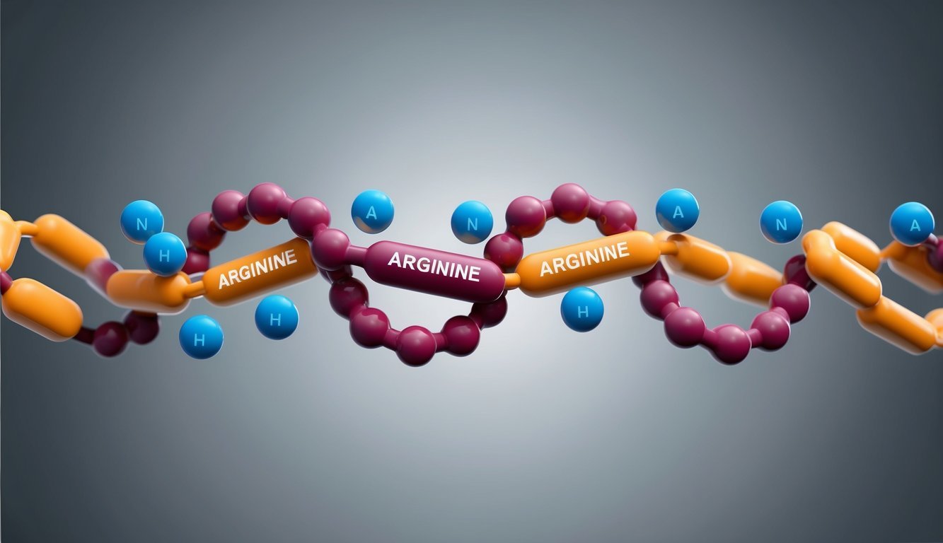 Amino acids forming a chain, with arginine prominently displayed among the 11 important ones for fitness performance