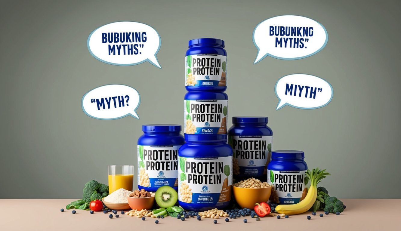 A stack of protein supplement containers surrounded by various food items, with speech bubbles debunking myths floating above them