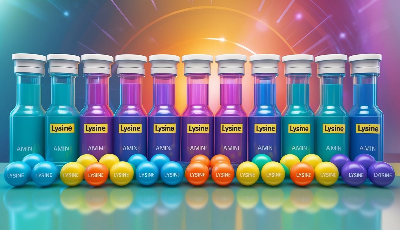 A lineup of 11 colorful amino acid molecules, each labeled with the name "Lysine," set against a vibrant background representing fitness and performance