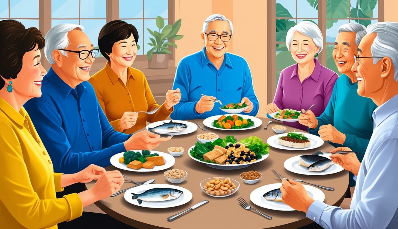 A group of older adults enjoying a balanced meal together, with a variety of protein sources such as fish, tofu, beans, and nuts on their plates