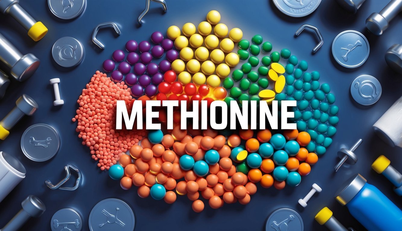 A colorful array of amino acids, with Methionine prominently displayed, surrounded by fitness-related symbols and equipment