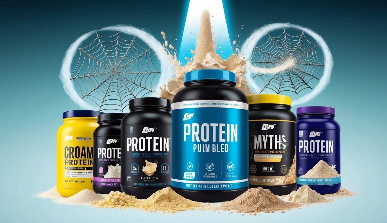 A variety of protein powder containers surrounded by swirling myths, each myth depicted as a tangled web of lies being shattered by a beam of truth