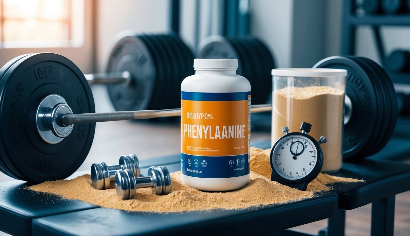 A bottle of phenylalanine sits on a weightlifting bench, surrounded by protein powder, dumbbells, and a stopwatch