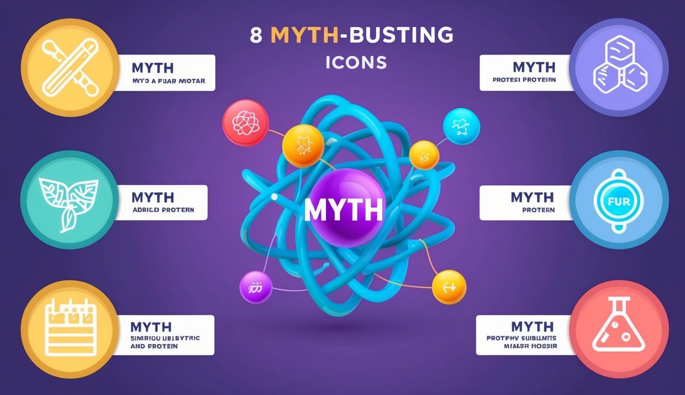 A colorful infographic with 8 myth-busting icons surrounding a central protein molecule, with clear labels and captions for each myth