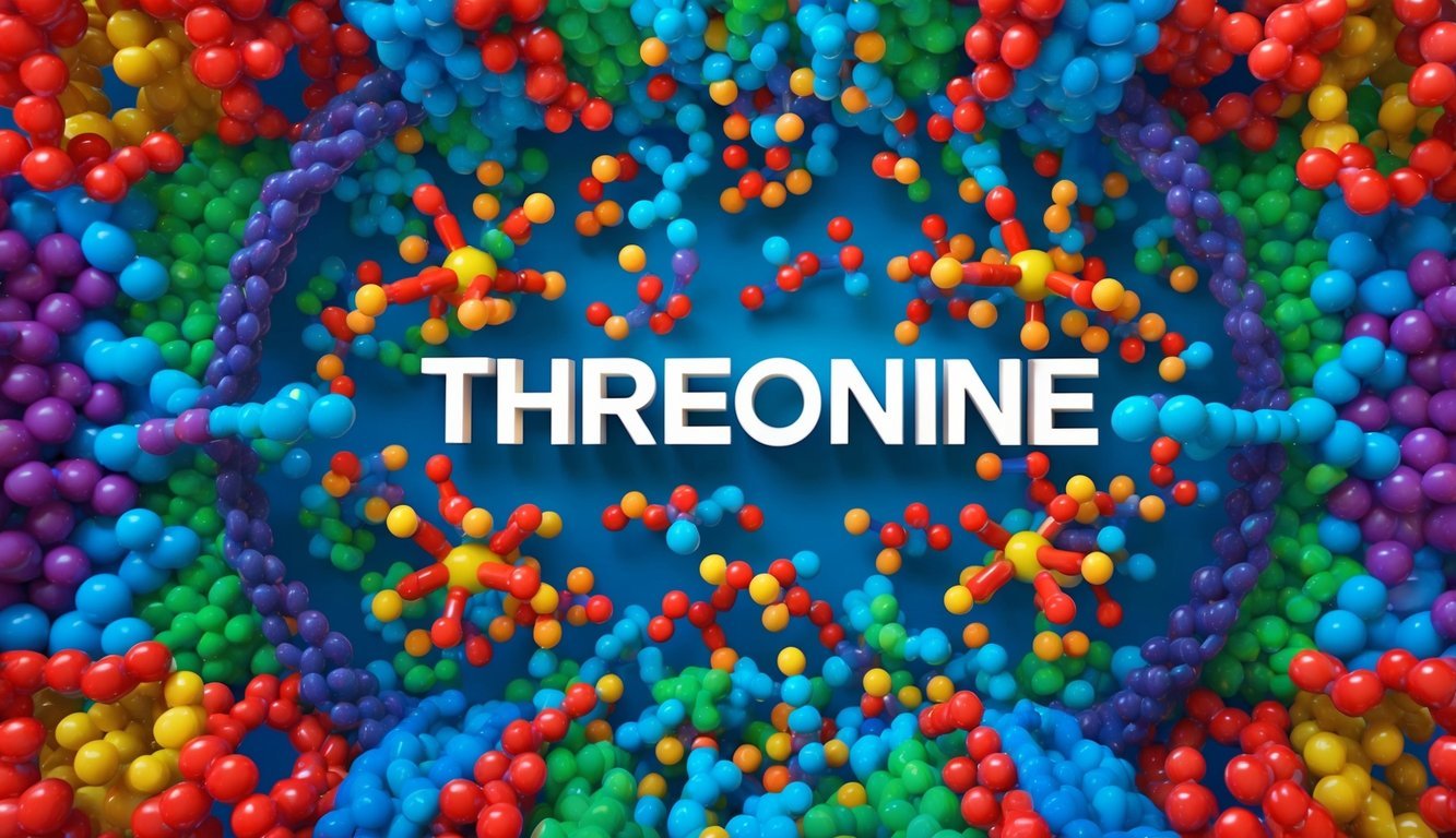 A collection of colorful amino acid structures arranged in a circular pattern, with Threonine prominently displayed in the center