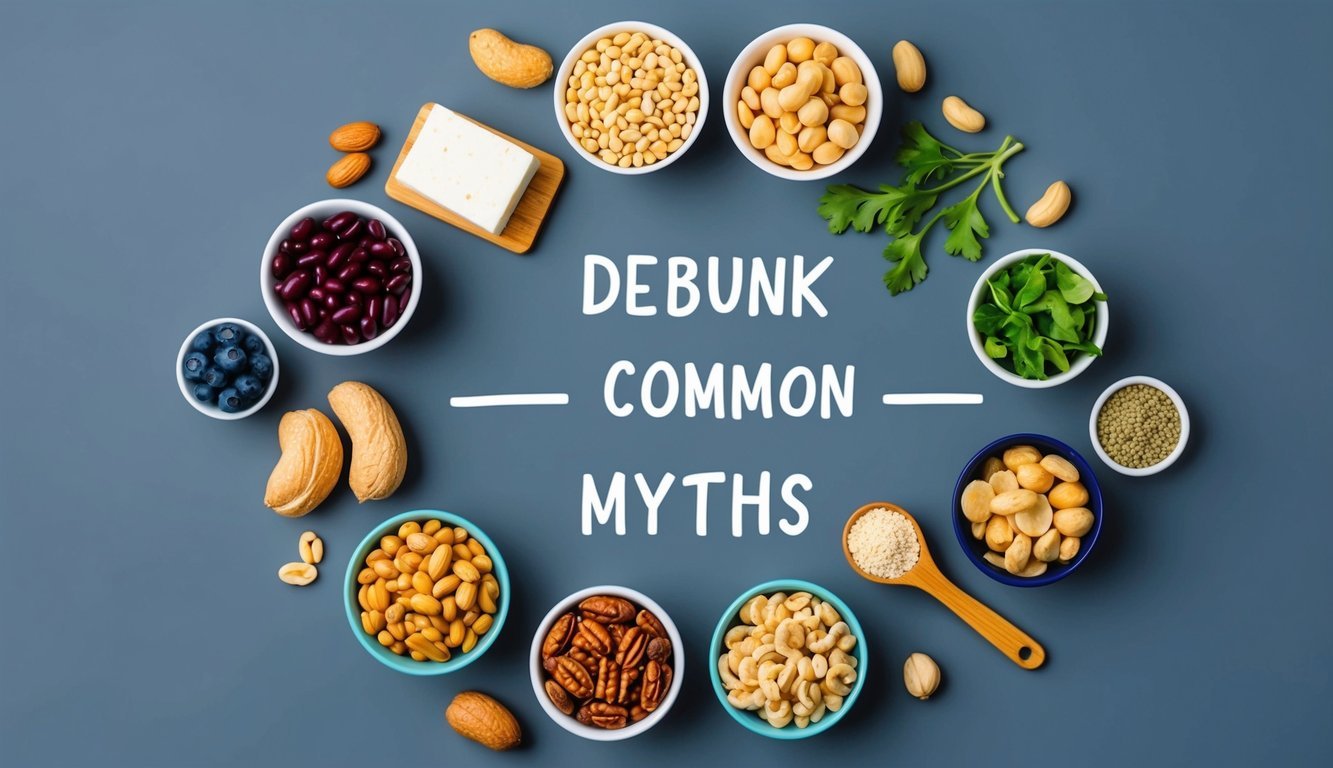 A variety of protein sources (beans, nuts, tofu, etc.) arranged in a circle, with a line drawn through each to debunk common myths