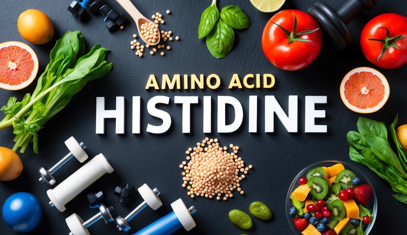 Amino acid histidine surrounded by fitness equipment and healthy food