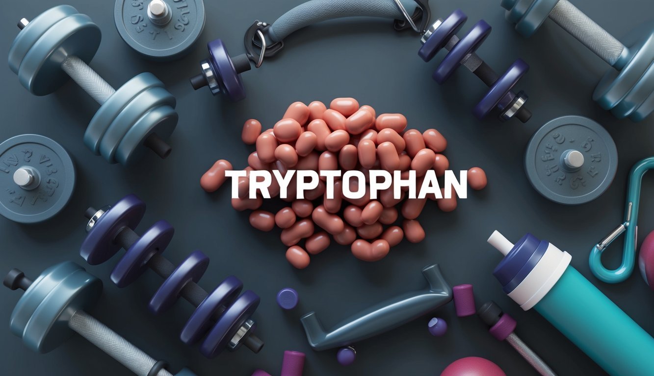 Amino acid Tryptophan surrounded by gym equipment and fitness gear