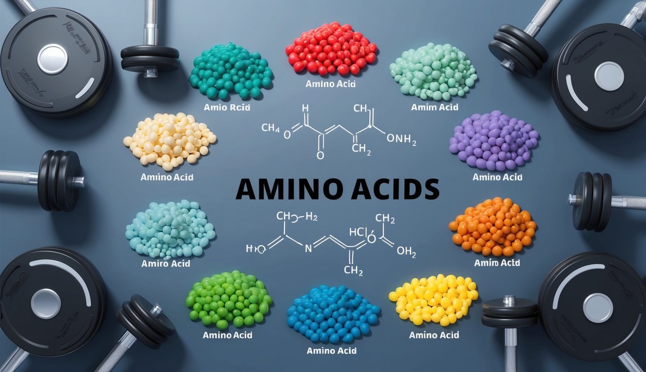 A collection of 11 different amino acids arranged in a circle, each labeled with its name and chemical structure, surrounded by fitness equipment