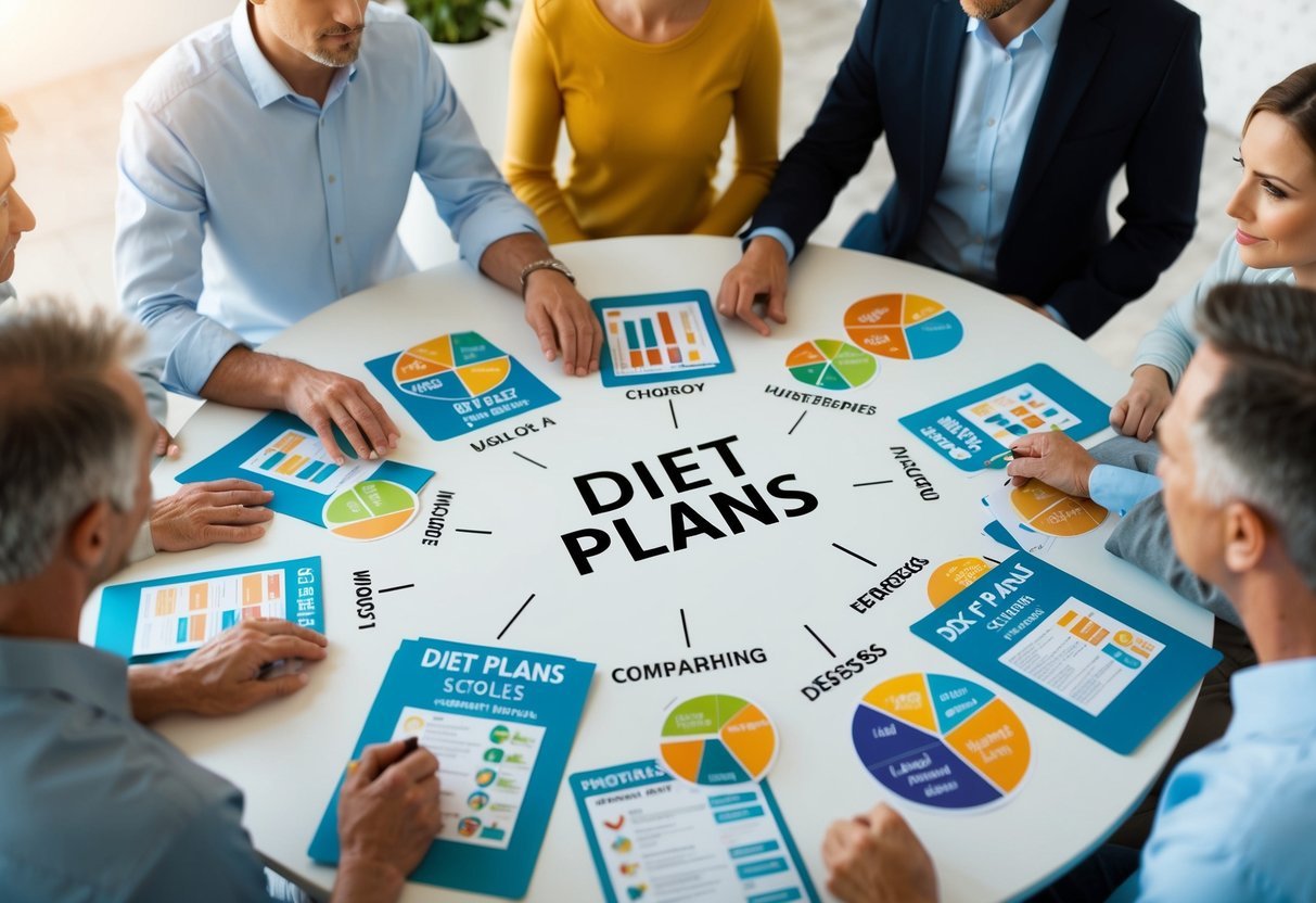 A table with various diet plans spread out, surrounded by people comparing and discussing them