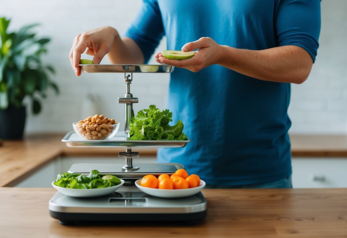 A person weighing various healthy food options on a scale