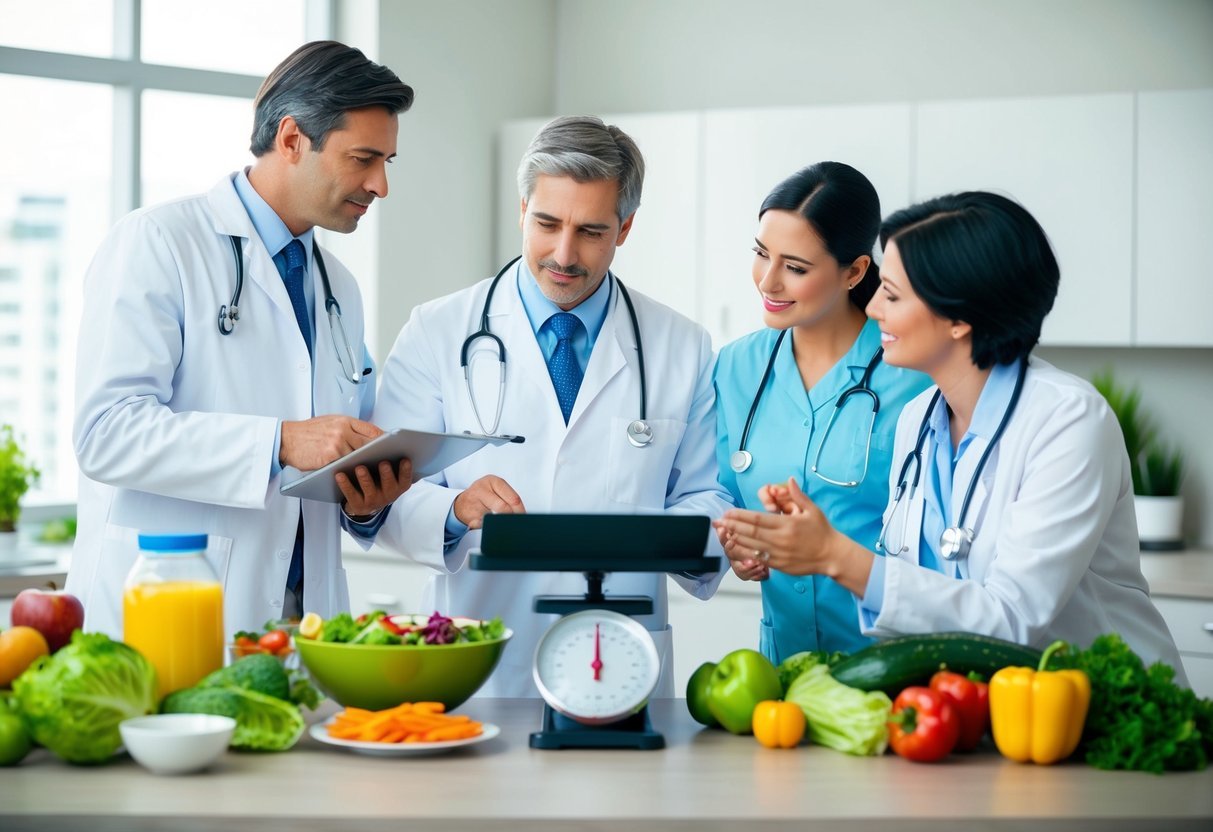 A table with various foods, a scale, and a medical chart, surrounded by a doctor and a nutritionist discussing options