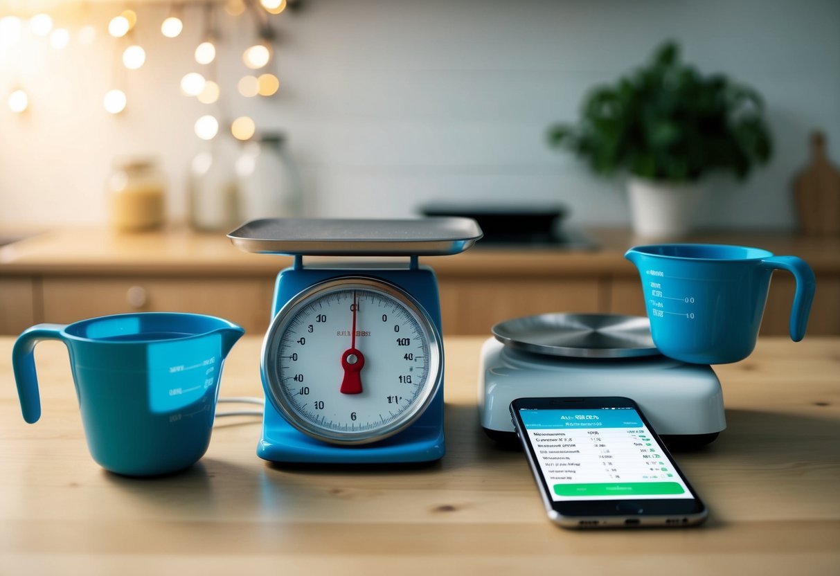 A kitchen scale and measuring cups sit next to a nutrition label and a calorie counting app on a smartphone