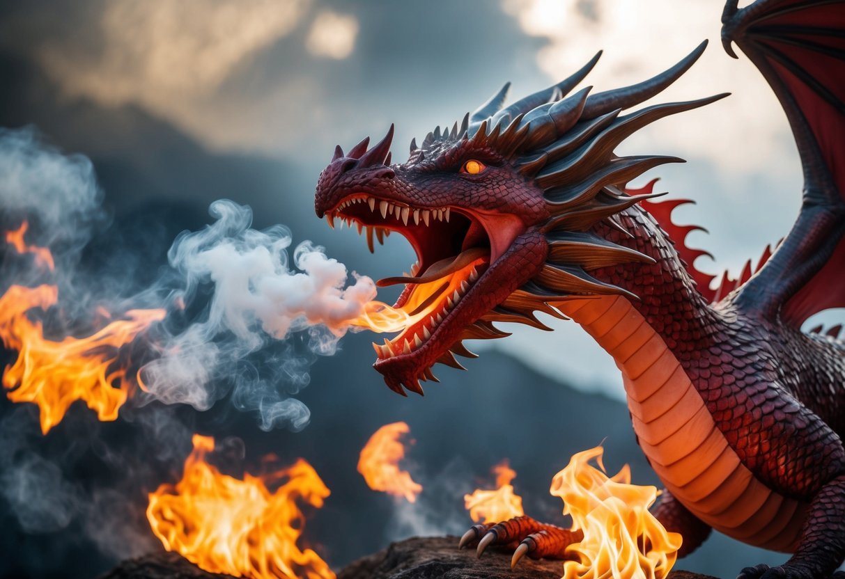 A fiery dragon breathing out smoke and flames, surrounded by swirling myths and facts about metabolism