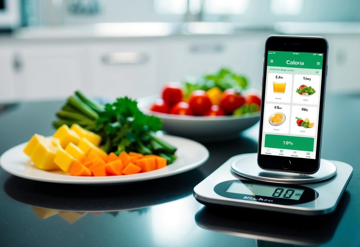 A kitchen scale measuring food portions next to a calorie counting app on a smartphone