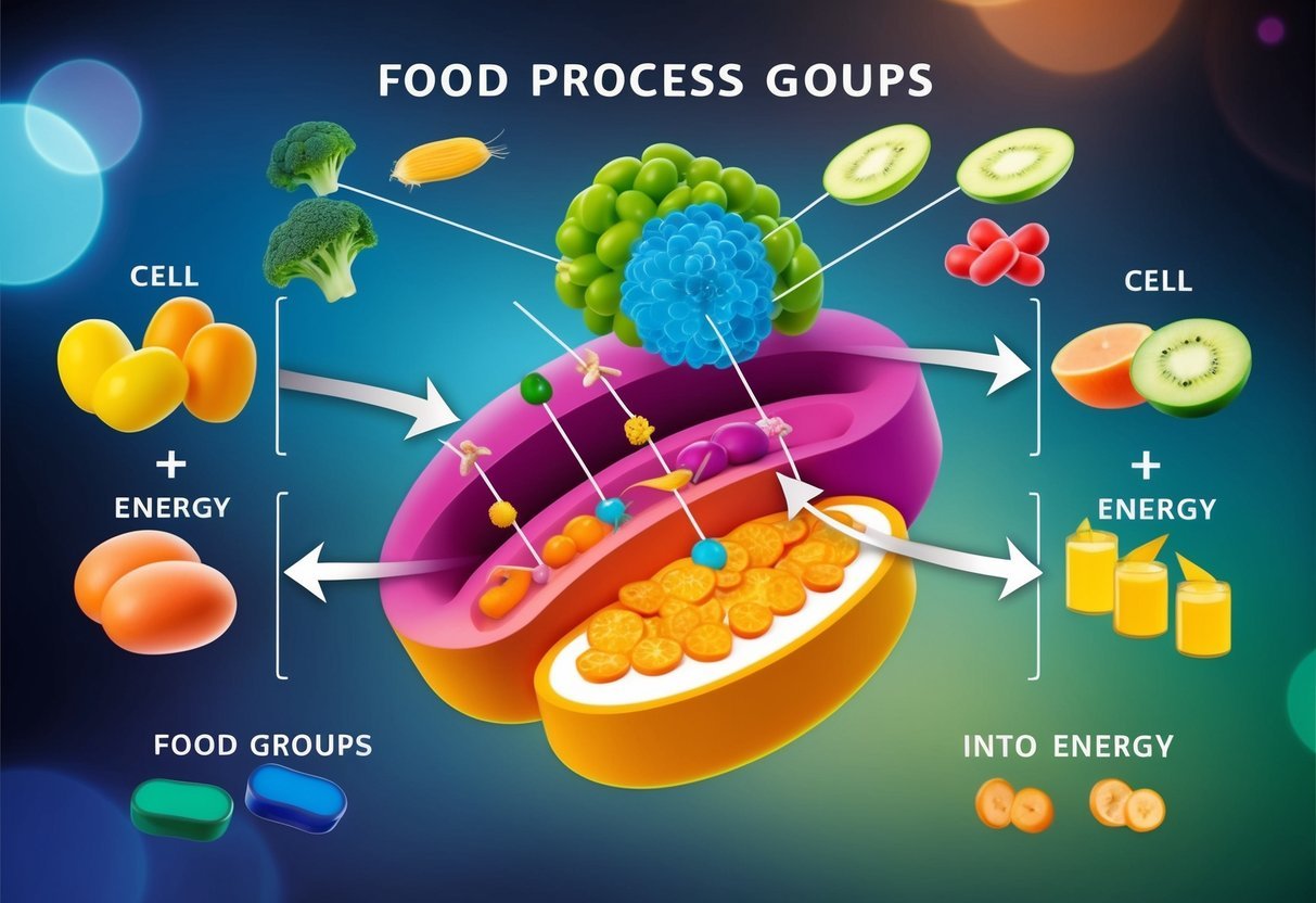 A colorful diagram shows various food groups being broken down and converted into energy within a cell.</p><p>Key metabolic processes are depicted with clear, labeled arrows