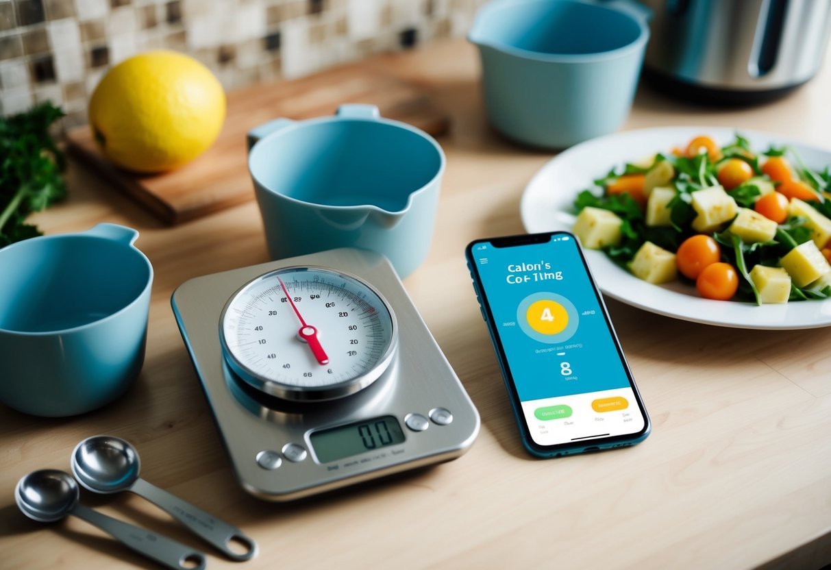 A kitchen scale surrounded by measuring cups and spoons, with a plate of carefully portioned food next to a calorie counting app on a smartphone