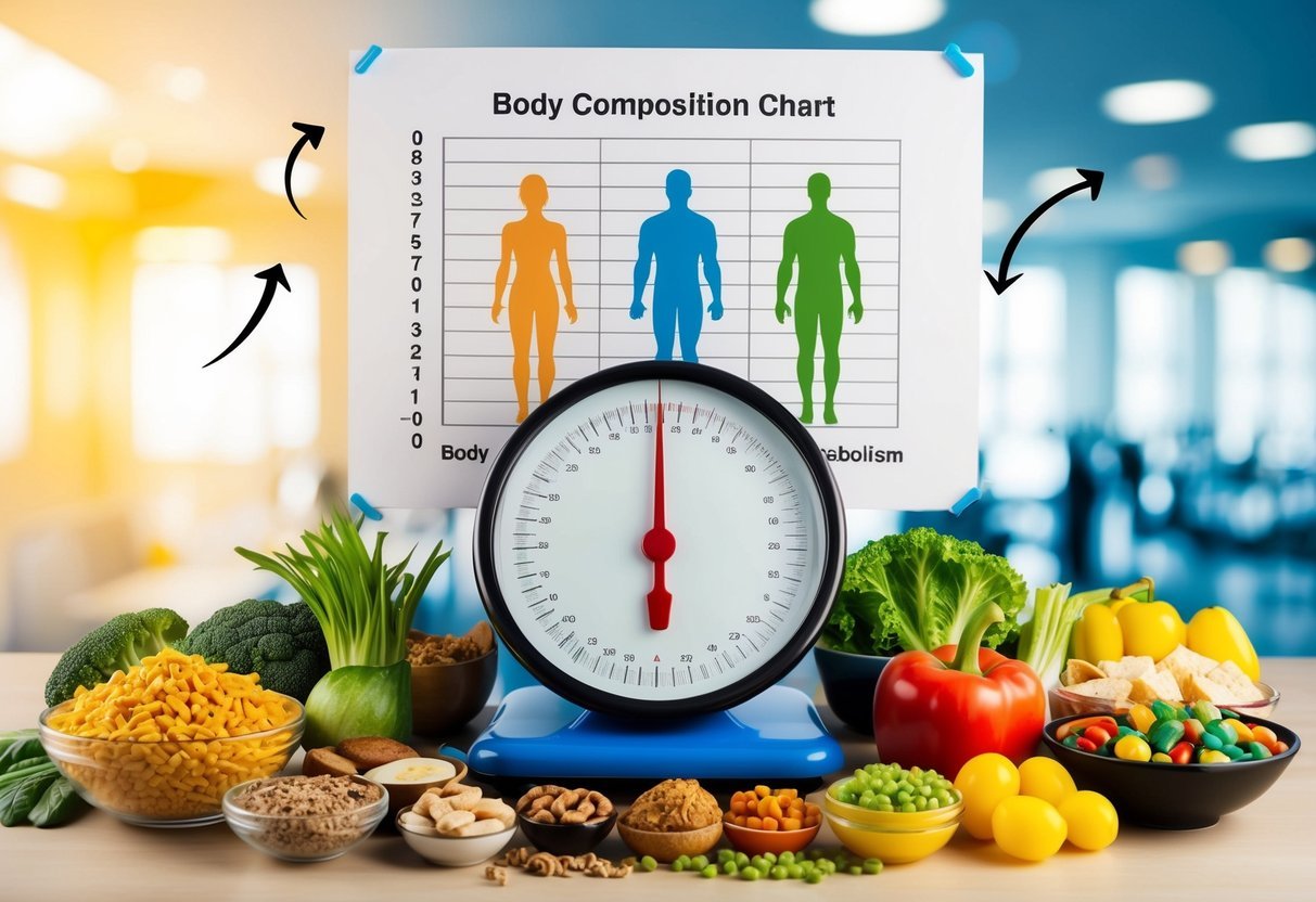 A scale surrounded by various types of food, with arrows pointing to a body composition chart, representing the myths and facts of metabolism