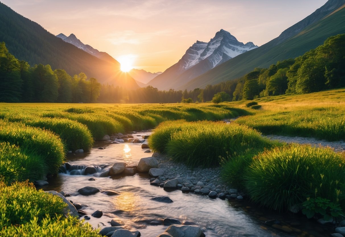 A serene mountain landscape at sunrise, with a peaceful stream and lush greenery, symbolizing the health benefits of intermittent fasting